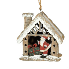 hanger in de vorm van een houten huisje  met santa