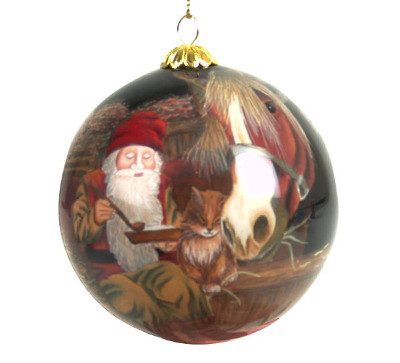 glazen kerstbal, diameter 7.5cm, kerstman en paard