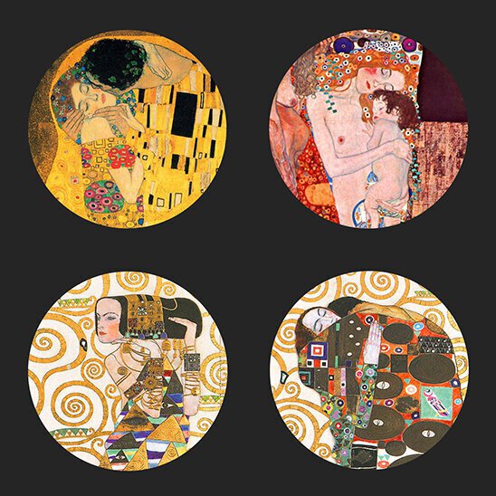 Set van 4  verschillende glasonderzetters in glas met afbeeldingen van Klimt