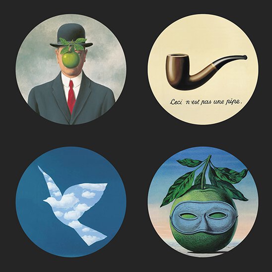 Set van 4  verschillende glasonderzetters in glas met afbeeldingen van Magritte