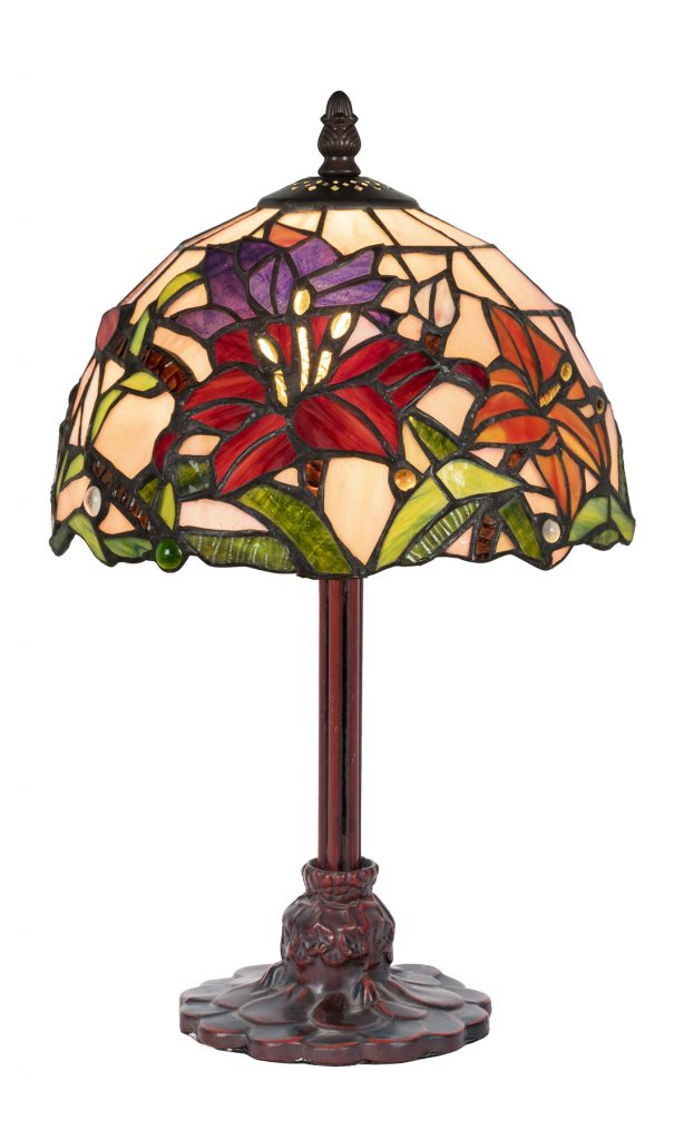 kleine tiffanylamp, 36cm hoog, voorstelling van meerkleurige  bloemen