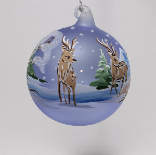 handbeschilderde kerstbal diameter 8cm blauw, met hert voorkant