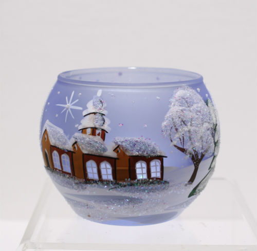 theelichtje blauw glas, met de hand beschilderd sneeuwtafereel, voorkant