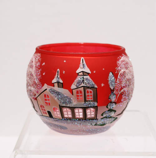 theelichte rood glas, met de hand beschilderd sneeuwtafereel voorkant