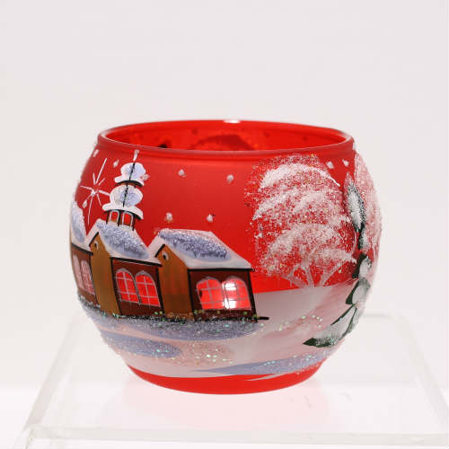 theelichte rood glas, met de hand beschilderd sneeuwtafereel huisjes, voorkant