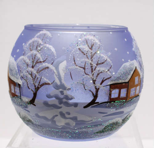 handbeschilderd blauwglazen t-lichtje diameter 8cm, winterstaferelen met huisjes, voorkant