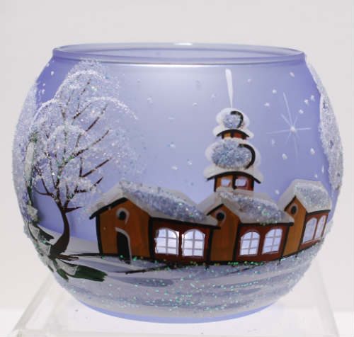 handbeschilderd blauwglazen t-lichtje diameter 8cm, winterstaferelen met boltorente, voorkant