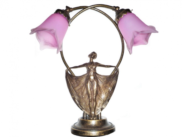 bronskleurige lampvoet met 2 glazen, paarskleurige lampekapjes