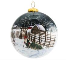 glazen kerstbal, diameter 7.5cm, rendier bij  besneeuwd noors dorp