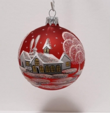 handbeschilderd roodglazen kerstbal winters landschap, diameter 8cm; voorkant