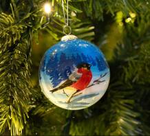 glazen kerstbal, diameter 7.5cm, vogeltje in besneeuwd landschap