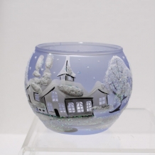 theelichtje blauw glas, met de hand beschilderd sneeuwtafereel, voorkant