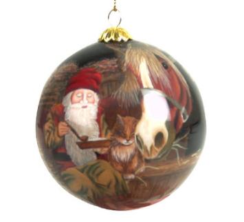 glazen kerstbal, diameter 7.5cm, kerstman en paard