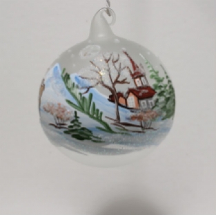 handbeschilderde kerstbal diameter 8cm wit, kerkje