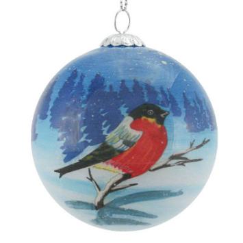 glazen kerstbal, diameter 7.5cm, vogeltje in besneeuwd landschap